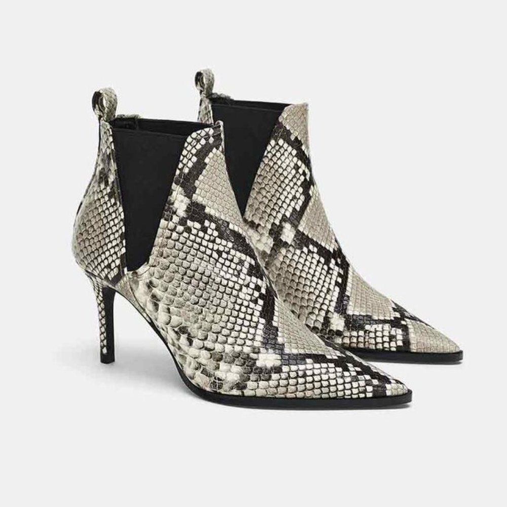 EUC ZARA SNAKESKIN PRINT HEELED LEATHER ANKLE BOOTS | 39